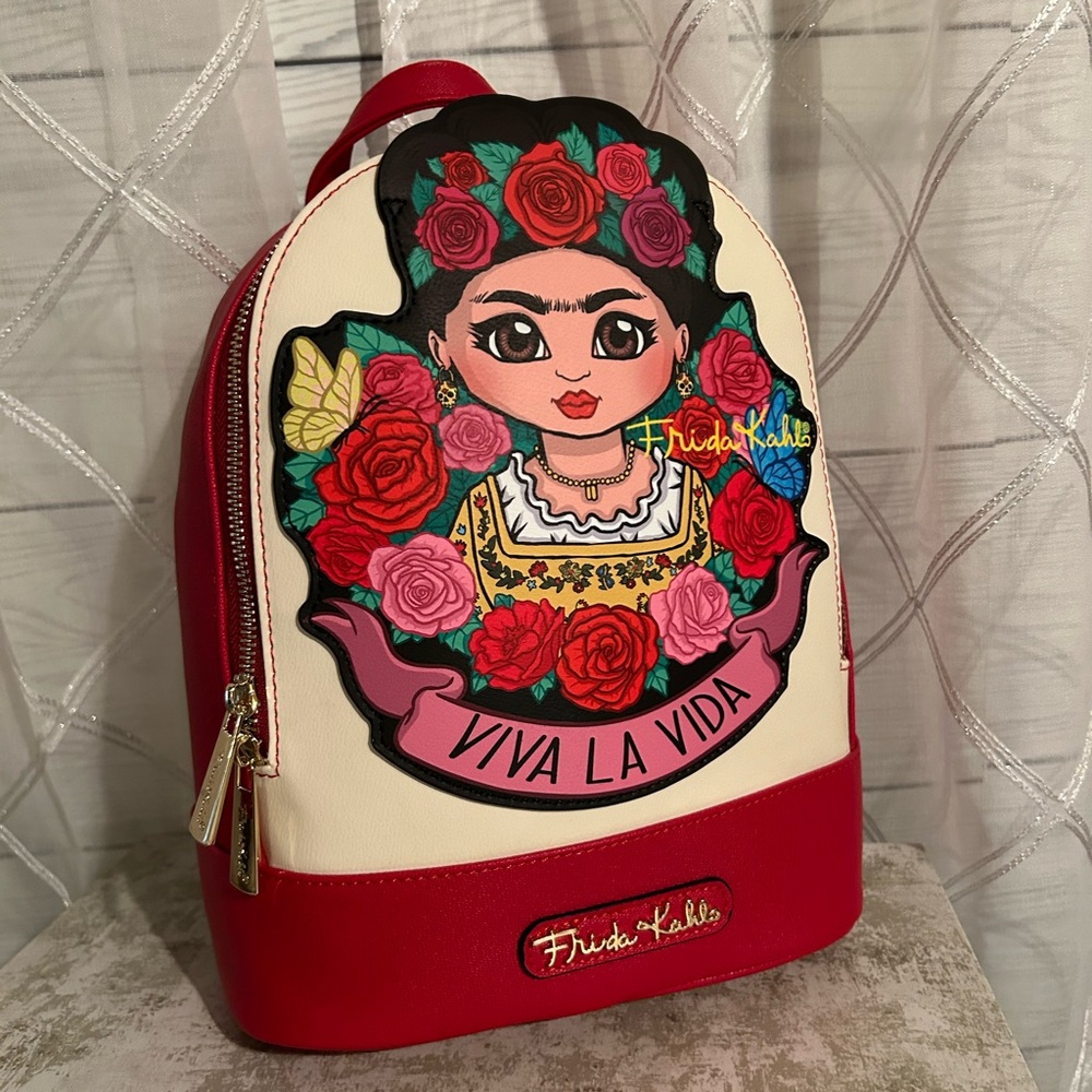 Vibrant Red and Cream Backpack with Decorative Patch